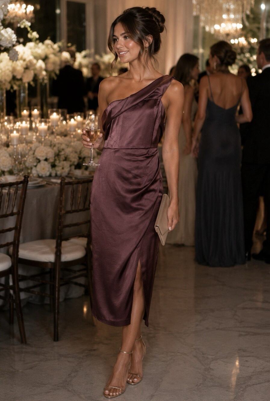 ASTR The Label One Shoulder Satin Midi Dress Mauve Plum Side Slit Cocktail M